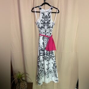 Eliza J Black and White Floral Maxi Dress with Pink Sash